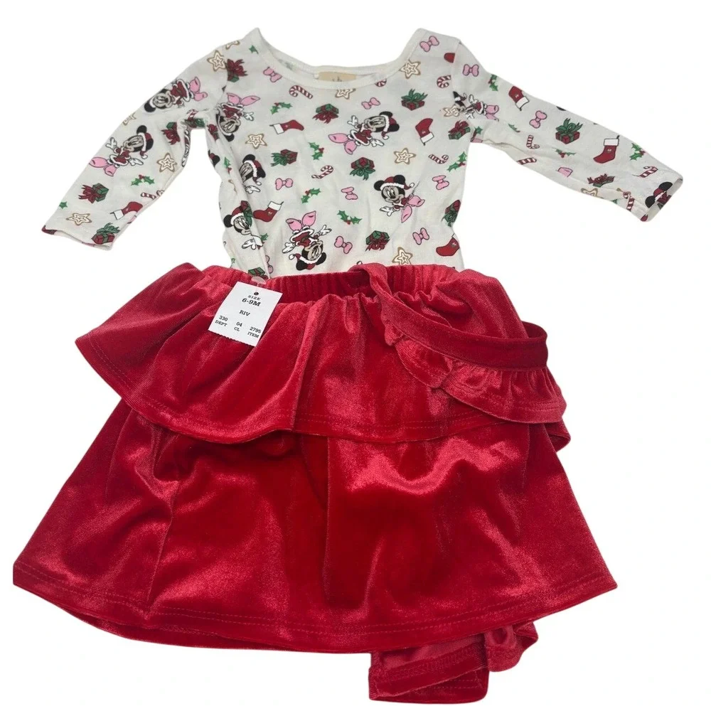 Disney‎ Baby Minnie Mouse Christmas Bodysuit and Red Velvet Skirt Set 6-9M NEW